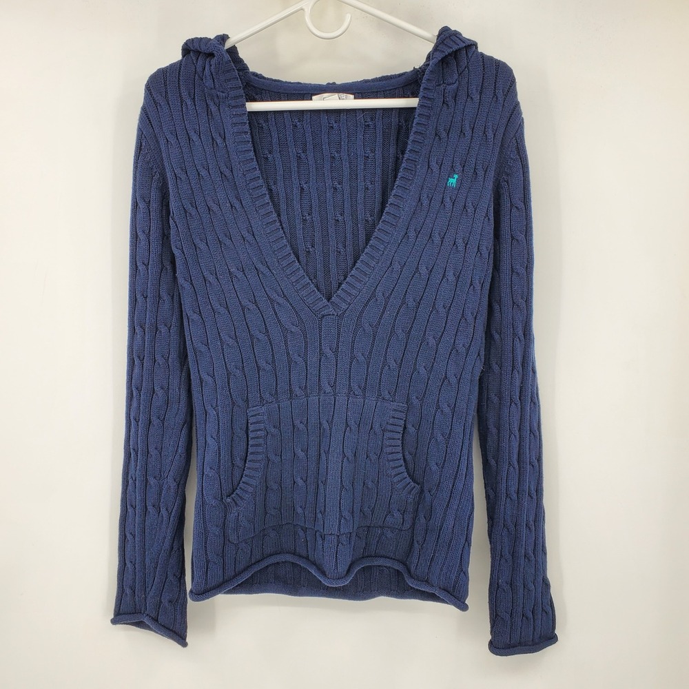 Vintage Old Navy Y2K Blue Cable Knit V-Neck Hoodie Sweater M Tight Fit Preppy
